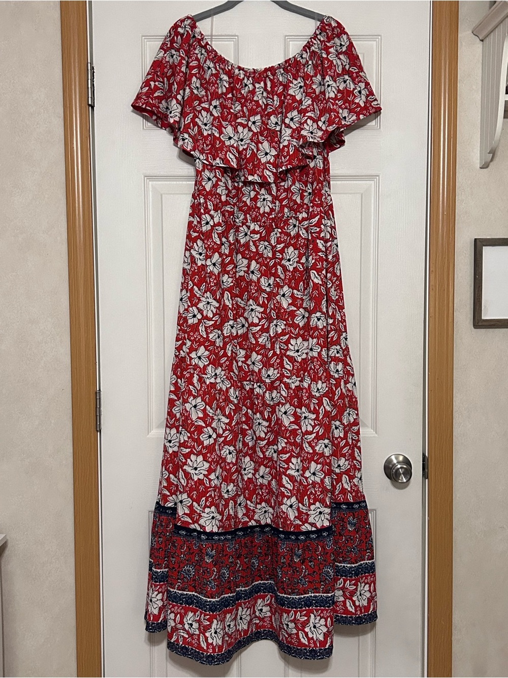 Cato Red Floral Off-Shoulder Maxi Dress with Patterned Hem